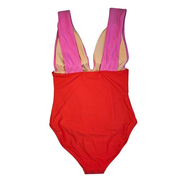 J. Crew Plunge V-Neck One-Piece Swimsuit Orange & Pink, Size XL, Good Condition - Picture 2 of 10